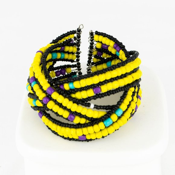 Multicolor Beaded Bracelet Open Cuff Memory Wire Yellow Black Purple Turquoise - Picture 5 of 5